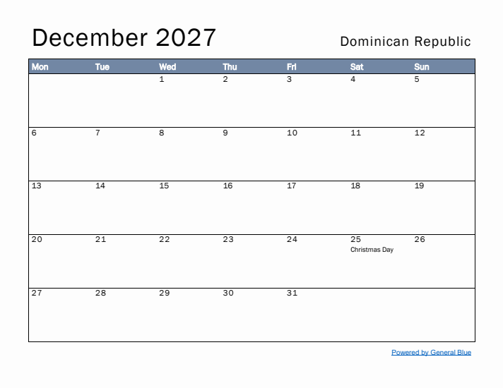 December 2027 Simple Monthly Calendar for Dominican Republic