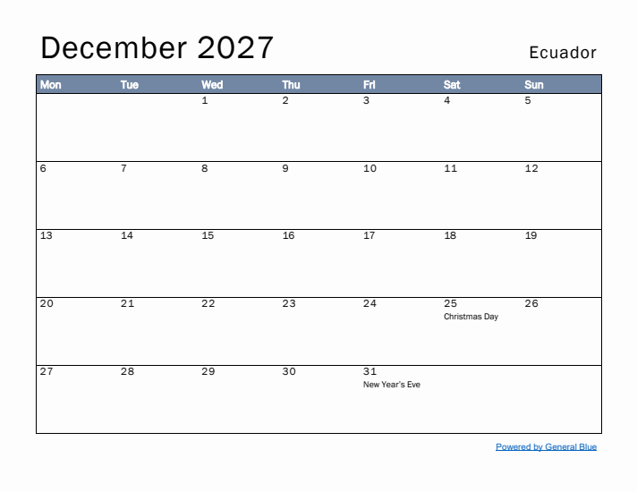 December 2027 Simple Monthly Calendar for Ecuador