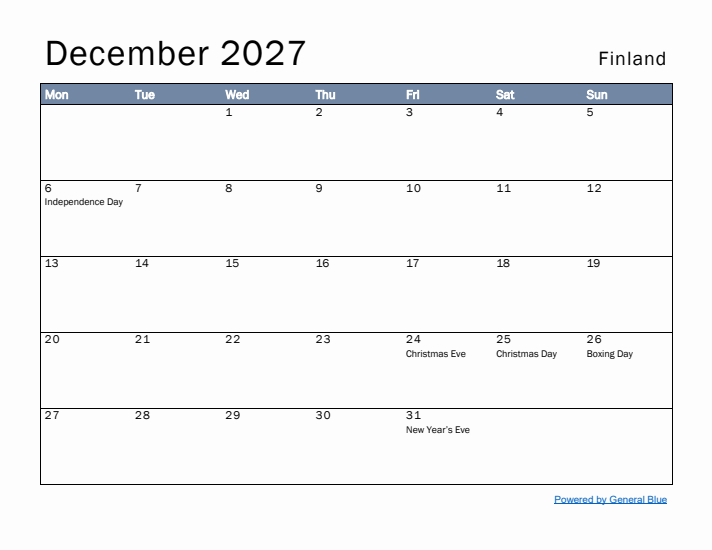 December 2027 Simple Monthly Calendar for Finland