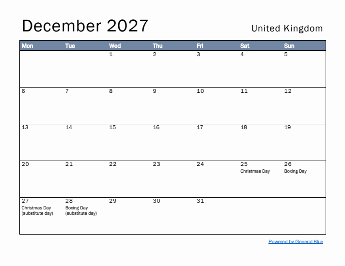 December 2027 Simple Monthly Calendar for United Kingdom