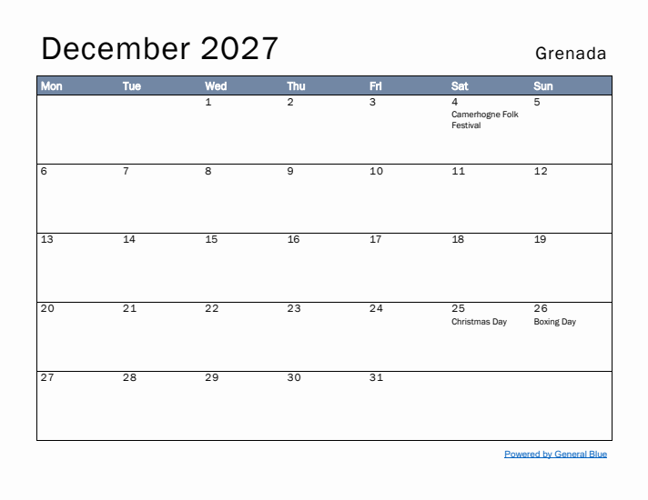 December 2027 Simple Monthly Calendar for Grenada