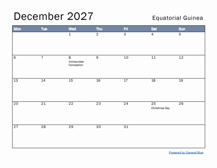 December 2027 Simple Monthly Calendar for Equatorial Guinea