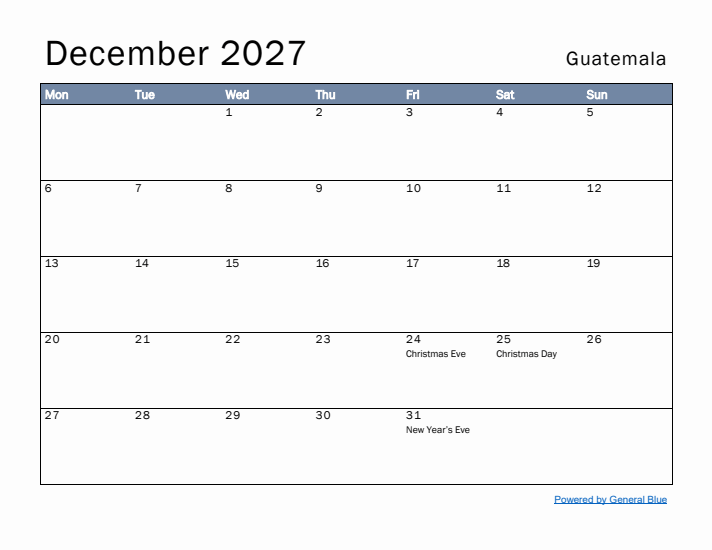 December 2027 Simple Monthly Calendar for Guatemala