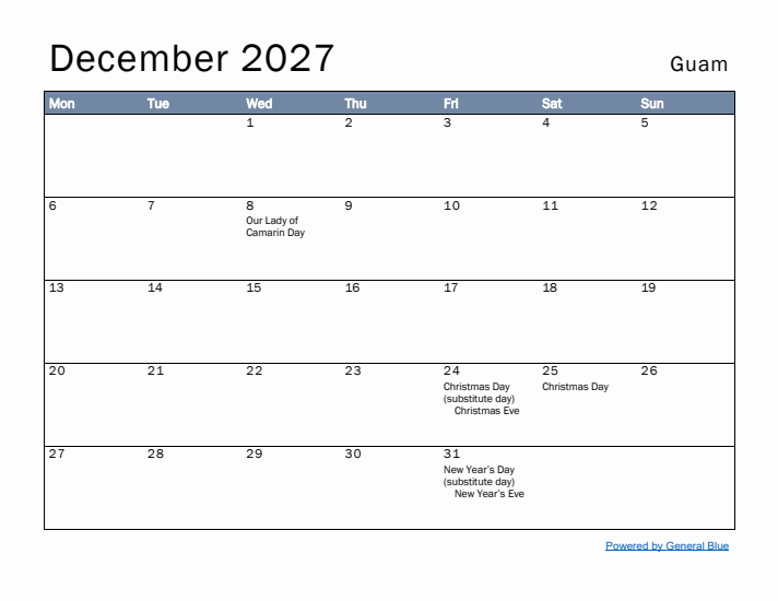 December 2027 Simple Monthly Calendar for Guam