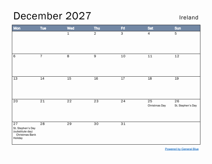 December 2027 Simple Monthly Calendar for Ireland