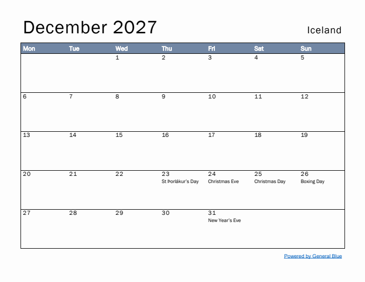 December 2027 Simple Monthly Calendar for Iceland