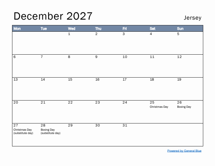 December 2027 Simple Monthly Calendar for Jersey