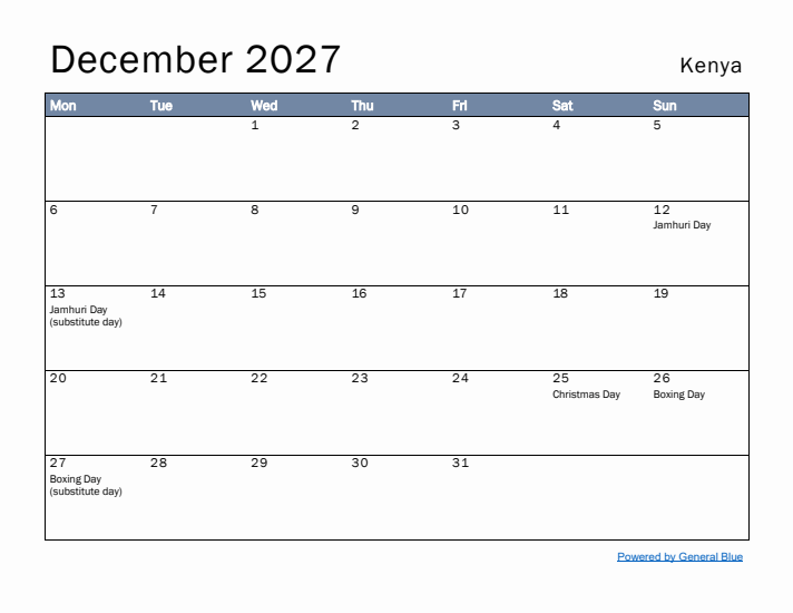 December 2027 Simple Monthly Calendar for Kenya