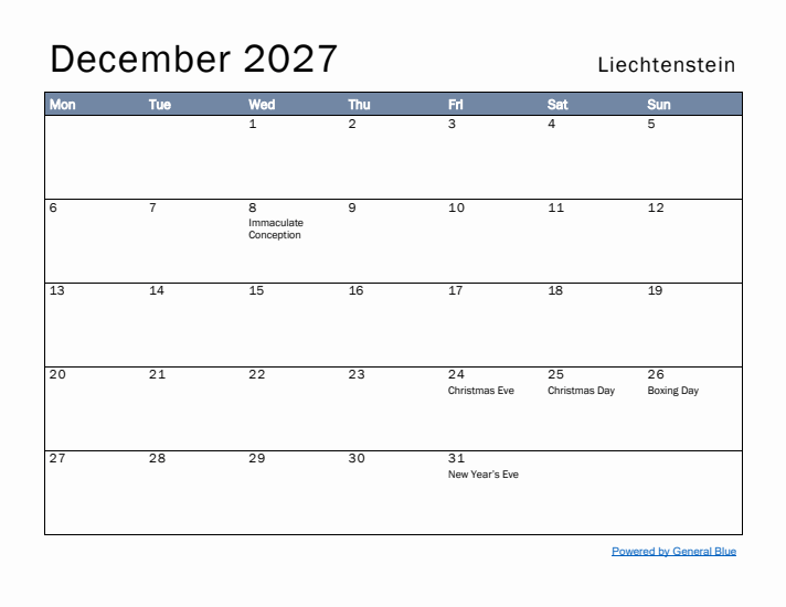 December 2027 Simple Monthly Calendar for Liechtenstein