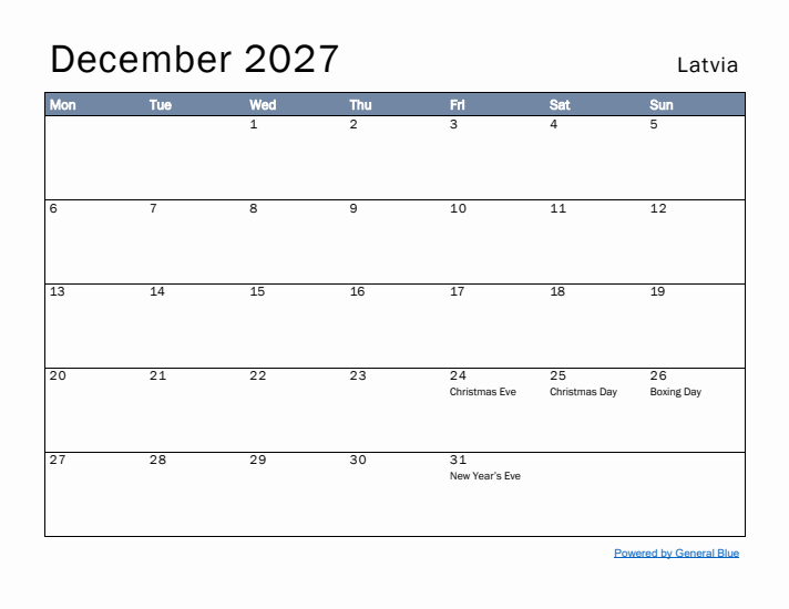 December 2027 Simple Monthly Calendar for Latvia