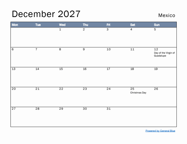 December 2027 Simple Monthly Calendar for Mexico