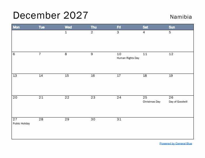 December 2027 Simple Monthly Calendar for Namibia