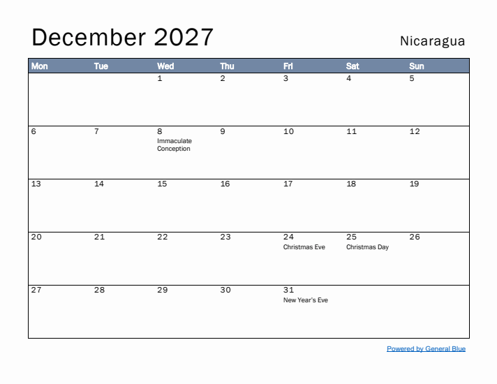 December 2027 Simple Monthly Calendar for Nicaragua