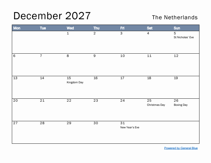 December 2027 Simple Monthly Calendar for The Netherlands