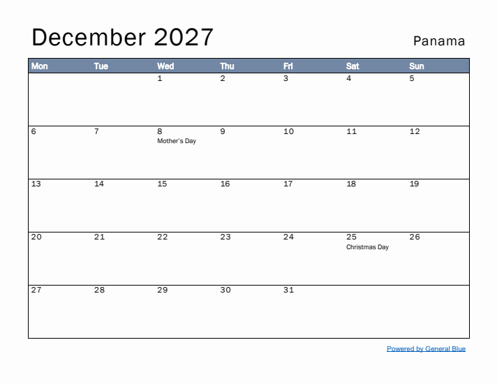 December 2027 Simple Monthly Calendar for Panama