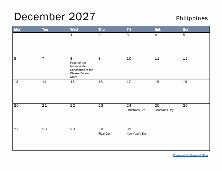 December 2027 Simple Monthly Calendar for Philippines