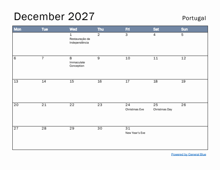 December 2027 Simple Monthly Calendar for Portugal