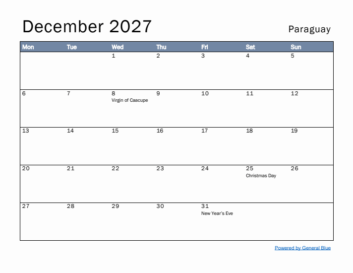 December 2027 Simple Monthly Calendar for Paraguay