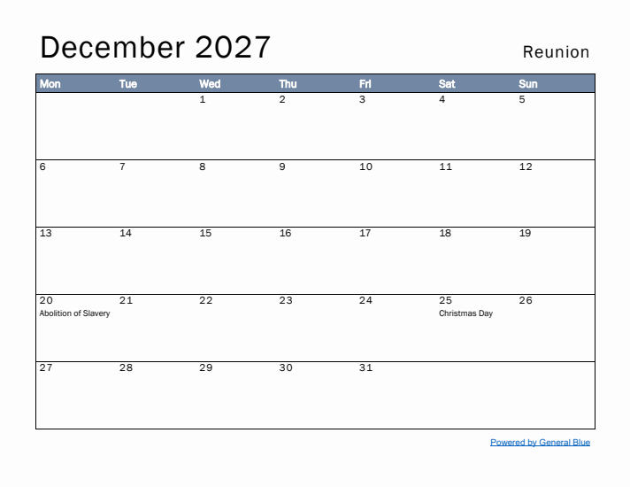 December 2027 Simple Monthly Calendar for Reunion