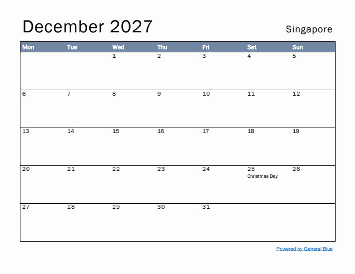 December 2027 Simple Monthly Calendar for Singapore