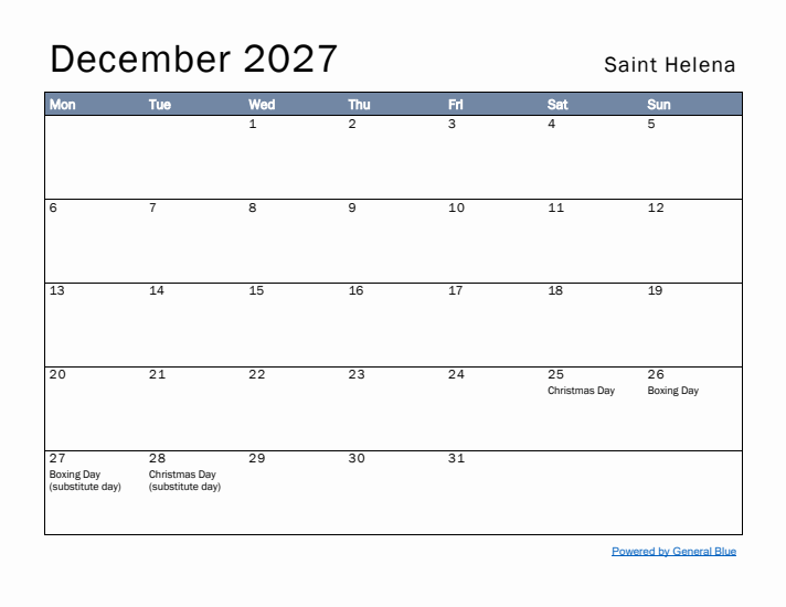 December 2027 Simple Monthly Calendar for Saint Helena