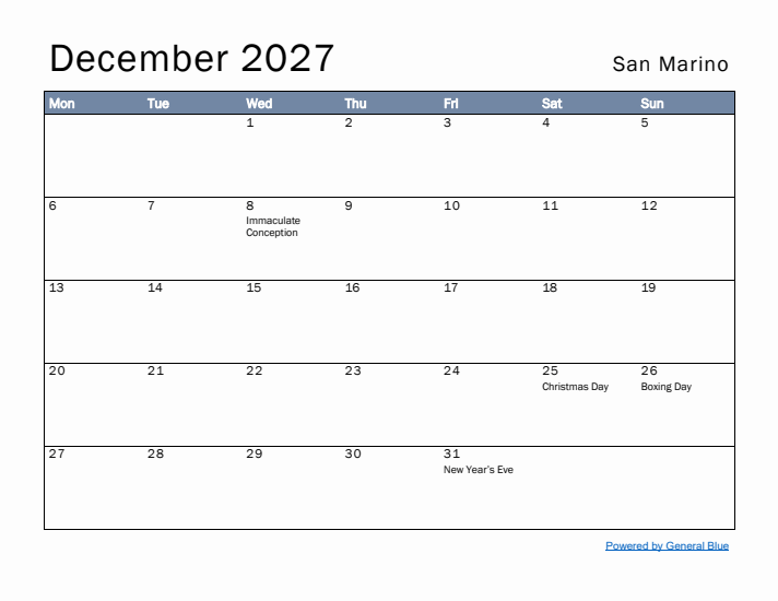 December 2027 Simple Monthly Calendar for San Marino