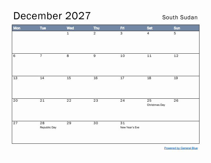 December 2027 Simple Monthly Calendar for South Sudan