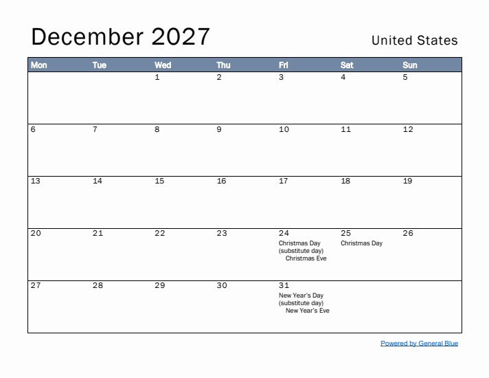 December 2027 Simple Monthly Calendar for United States