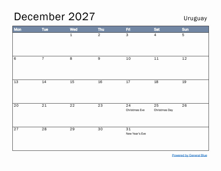 December 2027 Simple Monthly Calendar for Uruguay