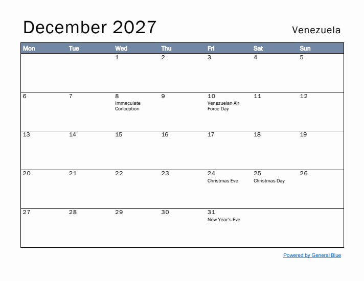 December 2027 Simple Monthly Calendar for Venezuela