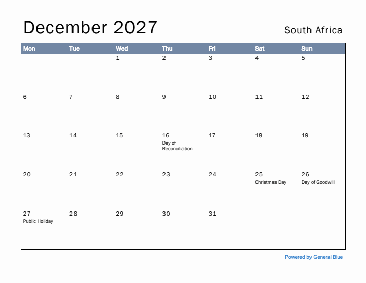 December 2027 Simple Monthly Calendar for South Africa