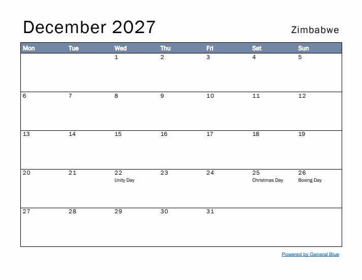 December 2027 Simple Monthly Calendar for Zimbabwe