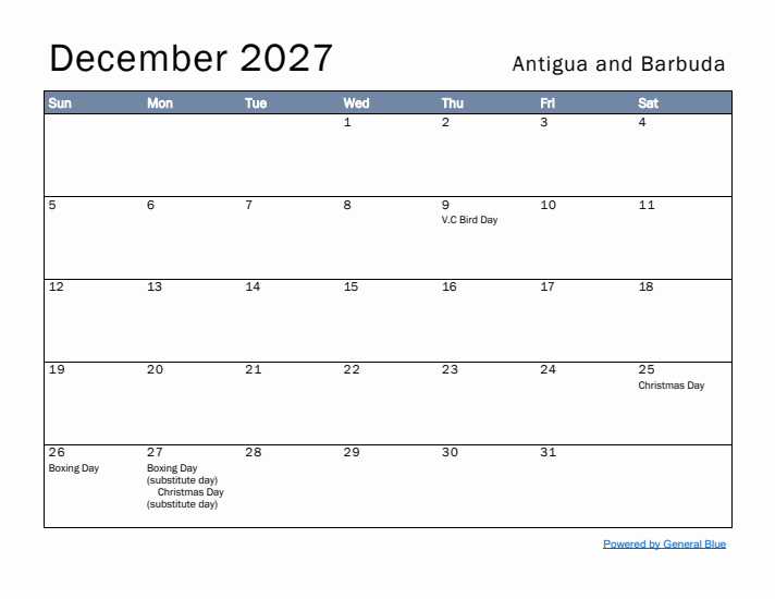 December 2027 Simple Monthly Calendar for Antigua and Barbuda