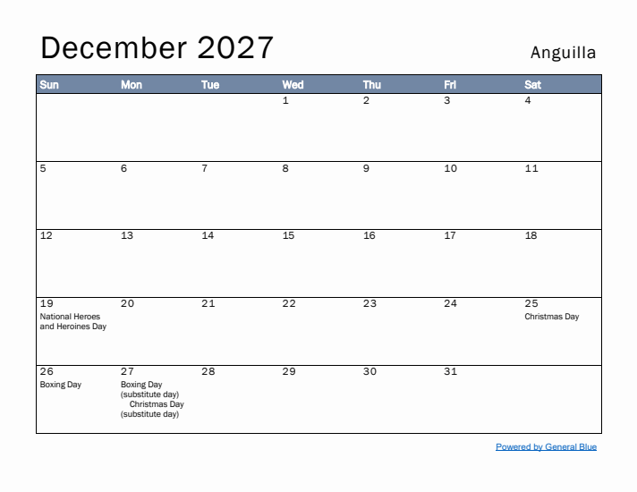 December 2027 Simple Monthly Calendar for Anguilla