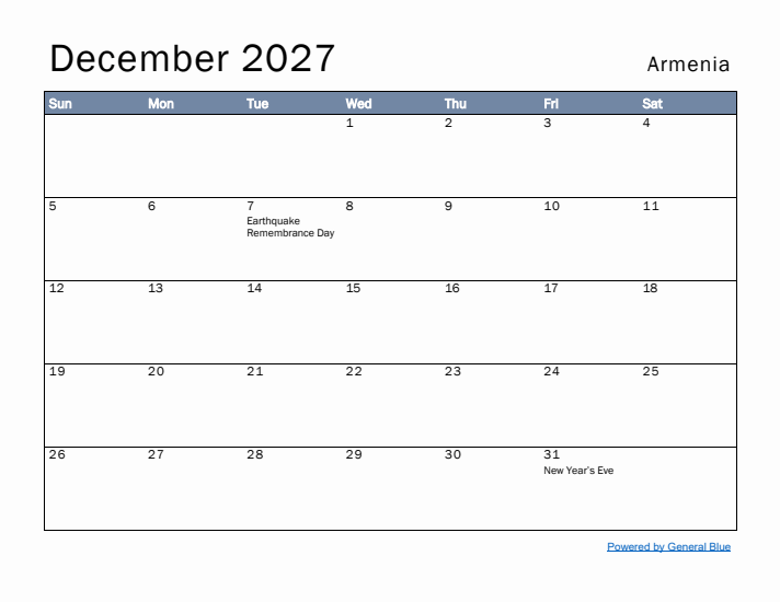 December 2027 Simple Monthly Calendar for Armenia