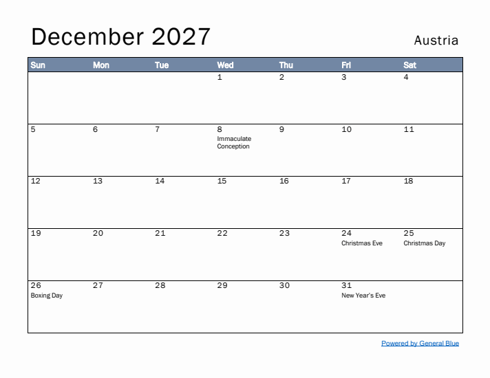 December 2027 Simple Monthly Calendar for Austria