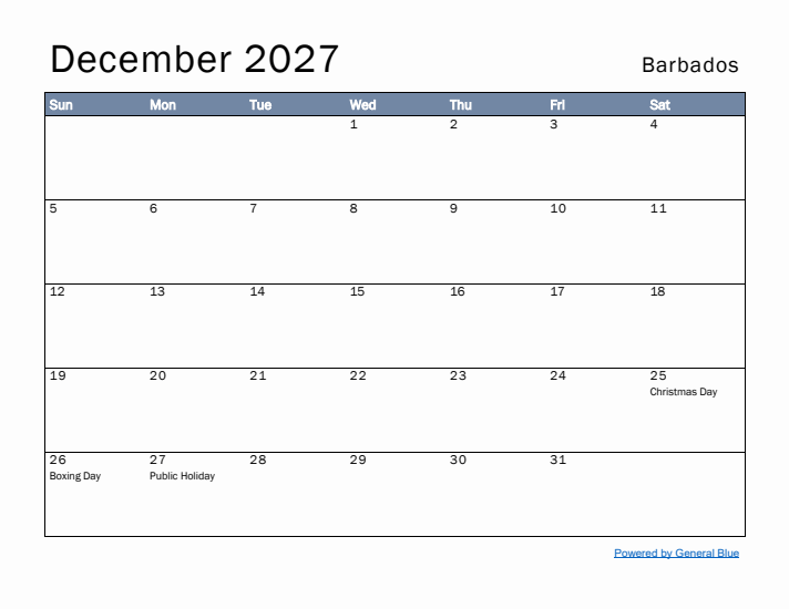 December 2027 Simple Monthly Calendar for Barbados