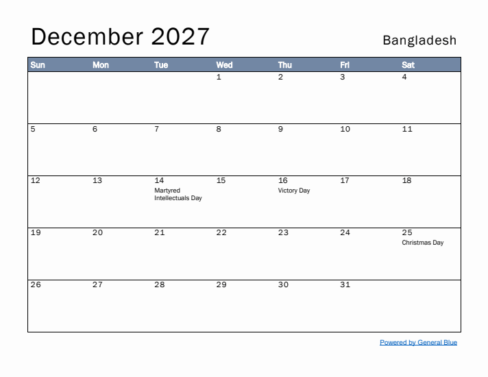 December 2027 Simple Monthly Calendar for Bangladesh