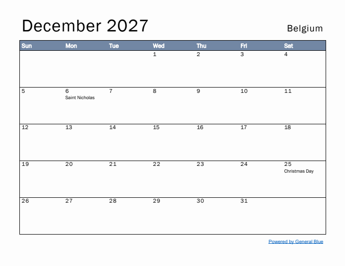 December 2027 Simple Monthly Calendar for Belgium