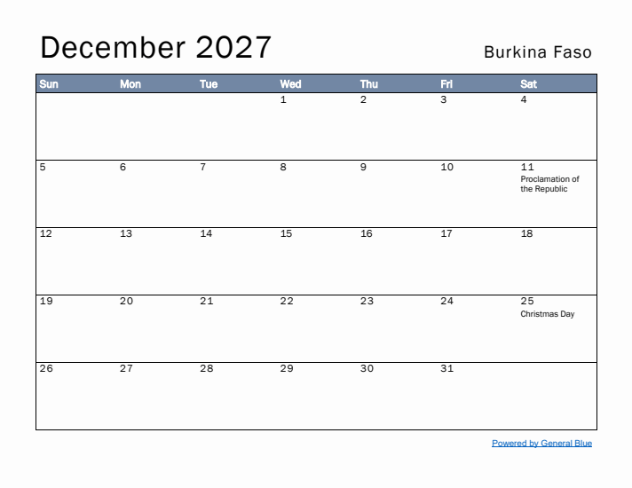 December 2027 Simple Monthly Calendar for Burkina Faso