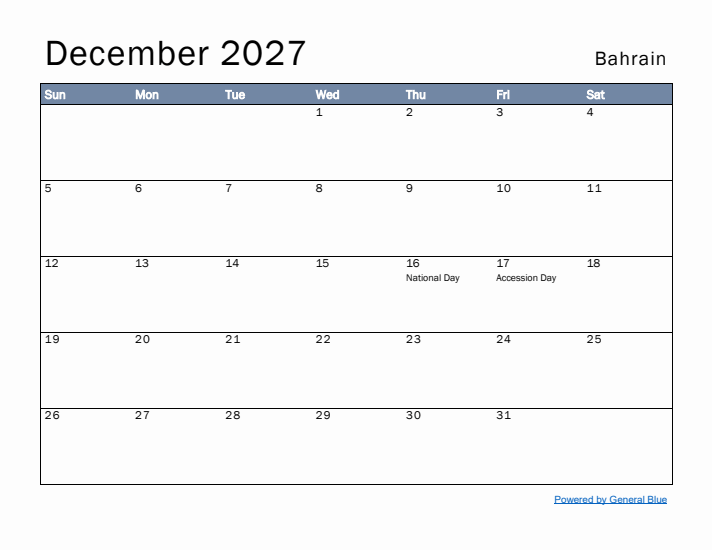 December 2027 Simple Monthly Calendar for Bahrain