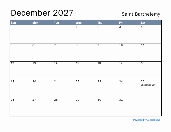 December 2027 Simple Monthly Calendar for Saint Barthelemy