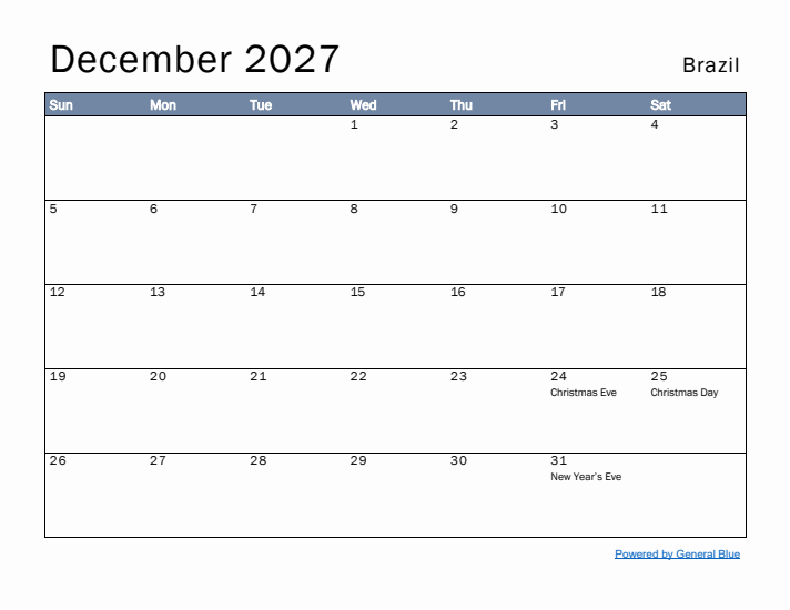 December 2027 Simple Monthly Calendar for Brazil