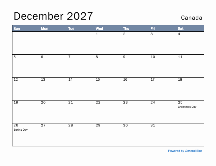 December 2027 Simple Monthly Calendar for Canada