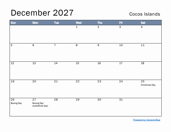 December 2027 Simple Monthly Calendar for Cocos Islands