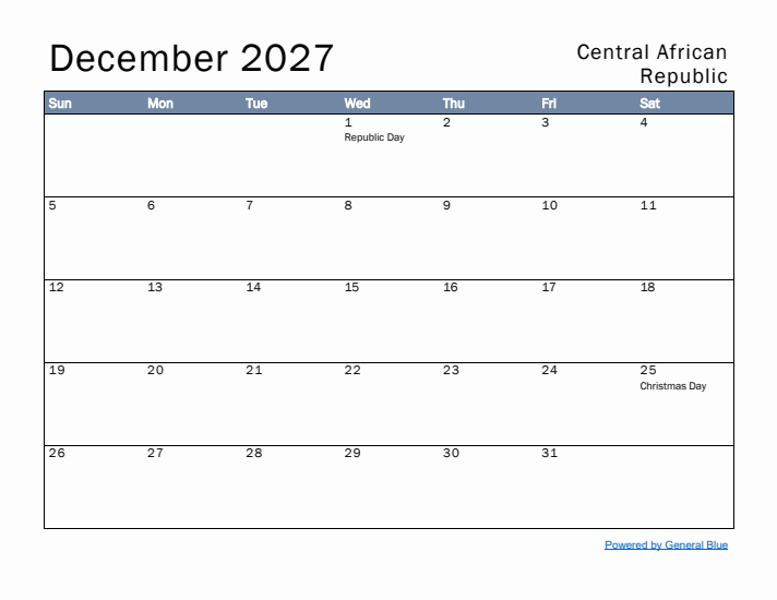 December 2027 Simple Monthly Calendar for Central African Republic