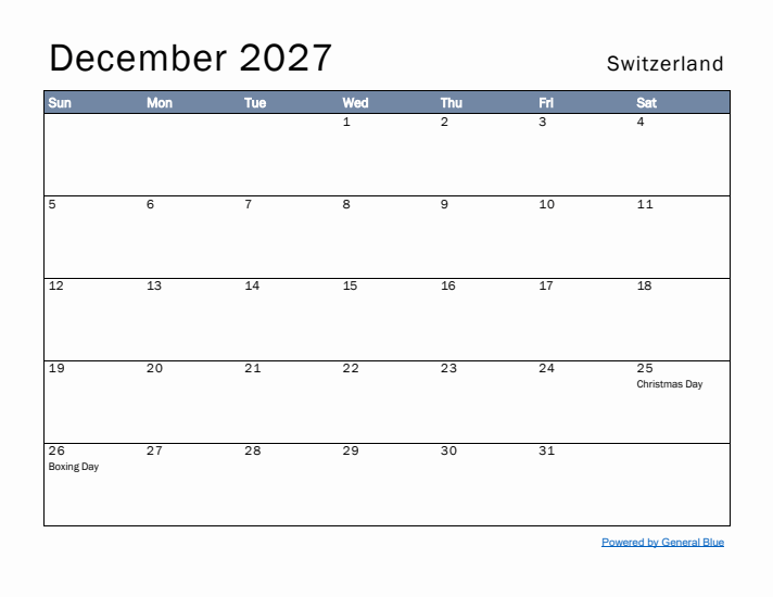 December 2027 Simple Monthly Calendar for Switzerland