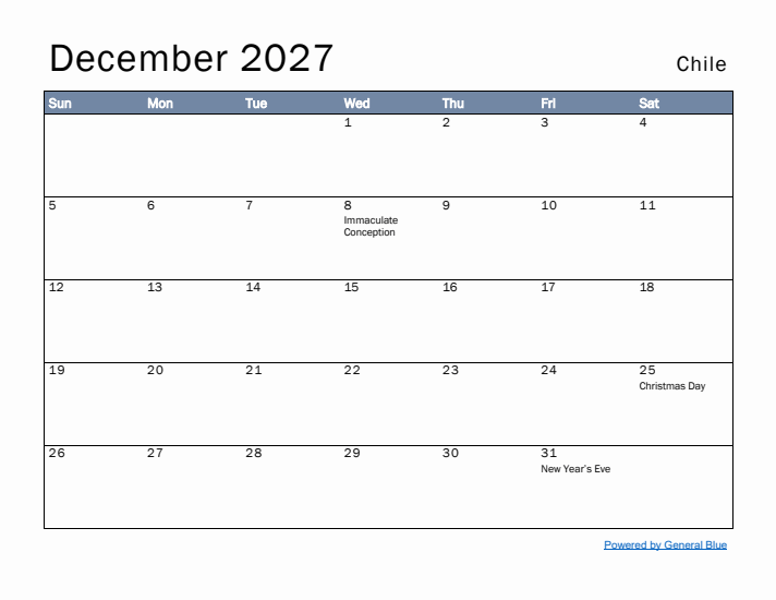 December 2027 Simple Monthly Calendar for Chile