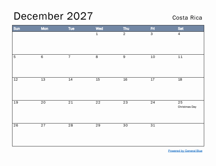 December 2027 Simple Monthly Calendar for Costa Rica