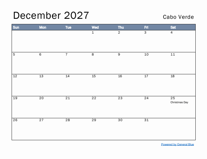 December 2027 Simple Monthly Calendar for Cabo Verde